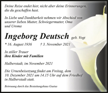 Traueranzeige von Ingeborg Deutsch (geb. Vogt)  von Magdeburger Volksstimme