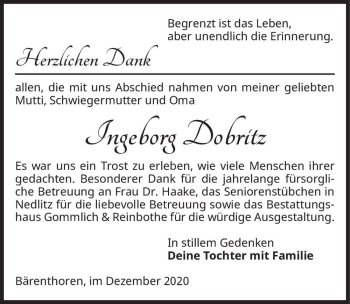 Traueranzeige von Ingeborg Dobritz  von Magdeburger Volksstimme
