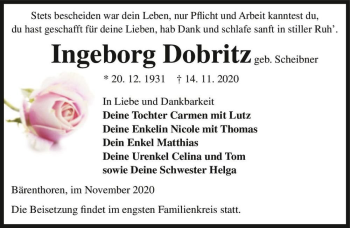 Traueranzeige von Ingeborg Dobritz (geb. Scheibner)  von Magdeburger Volksstimme