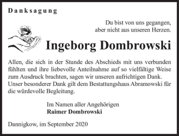 Traueranzeige von Ingeborg Dombrowski  von Magdeburger Volksstimme