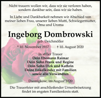 Traueranzeige von Ingeborg Dombrowski (geb. Deichmöller)  von Magdeburger Volksstimme