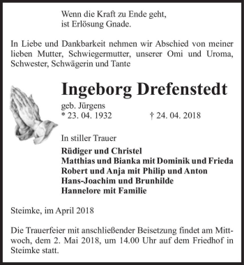 Traueranzeige von Ingeborg Drefenstedt (geb. Jürgens)  von Magdeburger Volksstimme