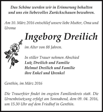 Traueranzeige von Ingeborg Dreilich  von Magdeburger Volksstimme