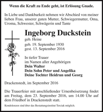 Traueranzeige von Ingeborg Duckstein (geb. Heine)  von Magdeburger Volksstimme