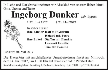 Traueranzeige von Ingeborg Dunker (geb. Eppers)  von Magdeburger Volksstimme