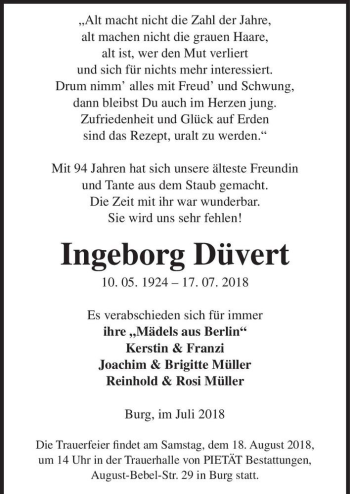 Traueranzeige von Ingeborg Düvert  von Magdeburger Volksstimme
