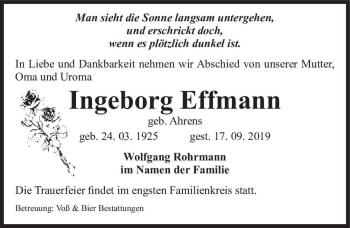 Traueranzeige von Ingeborg Effmann (geb. Ahrens)  von Magdeburger Volksstimme
