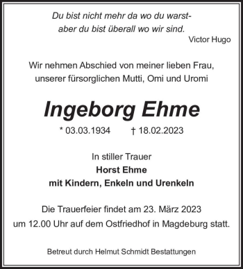 Traueranzeige von Ingeborg Ehme  von Magdeburger Volksstimme