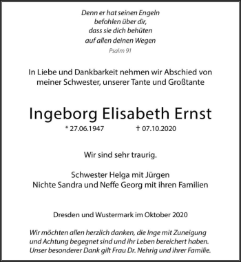 Traueranzeige von Ingeborg Elisabeth Ernst  von Magdeburger Volksstimme