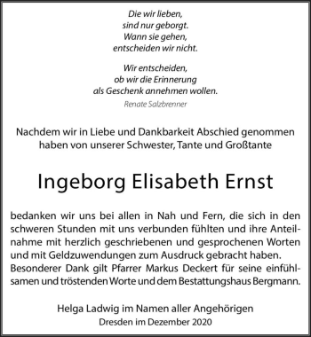 Traueranzeige von Ingeborg Elisabeth Ernst  von Magdeburger Volksstimme