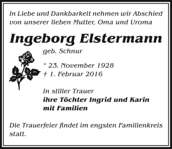 Traueranzeige von Ingeborg Elstermann (geb. Schnur)  von Magdeburger Volksstimme