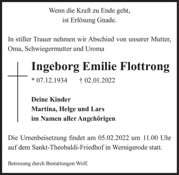 Traueranzeige von Ingeborg Emilie Flottrong  von Magdeburger Volksstimme