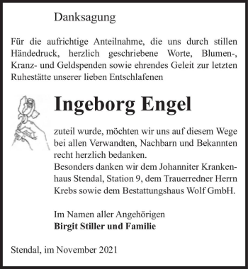 Traueranzeige von Ingeborg Engel  von Magdeburger Volksstimme