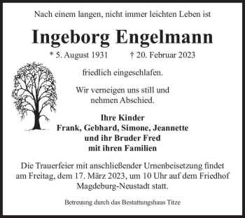 Traueranzeige von Ingeborg Engelmann  von Magdeburger Volksstimme