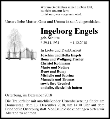 Traueranzeige von Ingeborg Engels (geb. Schütte)  von Magdeburger Volksstimme