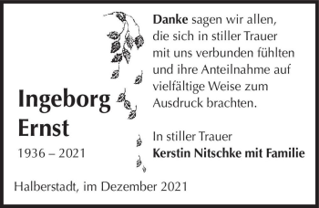 Traueranzeige von Ingeborg Ernst  von Magdeburger Volksstimme