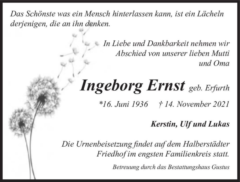 Traueranzeige für Ingeborg Ernst (geb. Erfurth)  vom 20.11.2021 aus Magdeburger Volksstimme