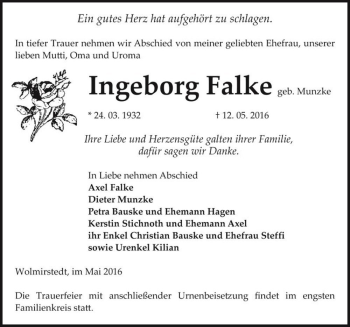 Traueranzeige von Ingeborg Falke (geb. Munzke)  von Magdeburger Volksstimme