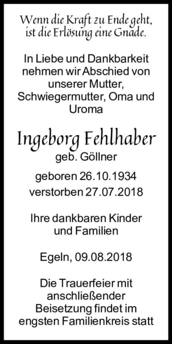 Traueranzeige von Ingeborg Fehlhaber  von Magdeburger Volksstimme