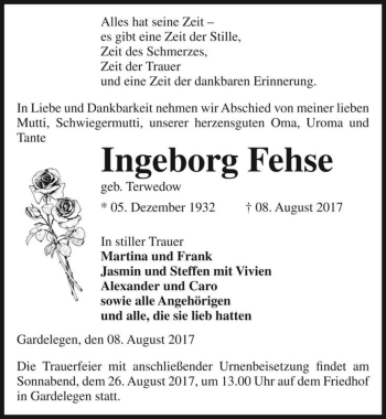 Traueranzeige von Ingeborg Fehse (geb. Terwedow)  von Magdeburger Volksstimme
