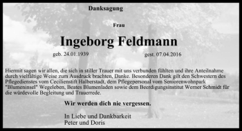 Traueranzeige von Ingeborg Feldmann  von Magdeburger Volksstimme