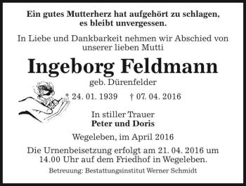 Traueranzeige von Ingeborg Feldmann (geb. Dürenfelder)  von Magdeburger Volksstimme