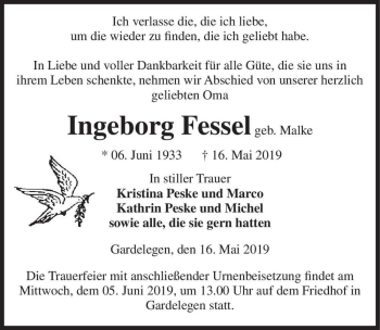Traueranzeige von Ingeborg Fessel (geb. Malke)  von Magdeburger Volksstimme