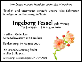Traueranzeige von Ingeborg Fessel (geb. Winnig)  von Magdeburger Volksstimme