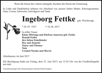 Traueranzeige von Ingeborg Fettke (geb. Wischeropp)  von Magdeburger Volksstimme