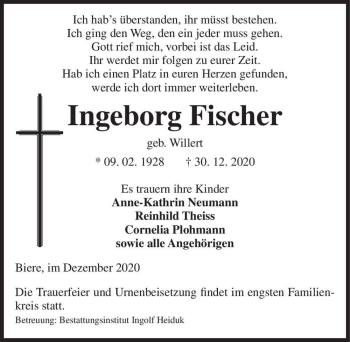 Traueranzeige von Ingeborg Fischer (geb. Willert)  von Magdeburger Volksstimme