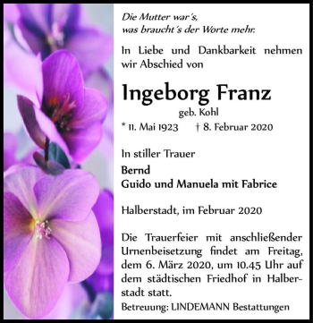 Traueranzeige von Ingeborg Franz (geb. Kohl)  von Magdeburger Volksstimme