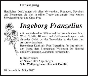 Traueranzeige von Ingeborg Franzelius  von Magdeburger Volksstimme