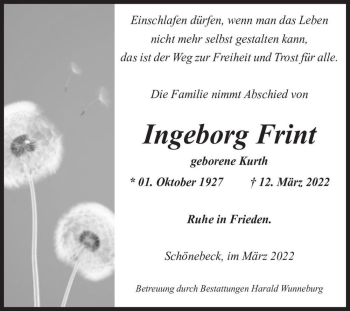 Traueranzeige von Ingeborg Frint (geb. Kurth)  von Magdeburger Volksstimme