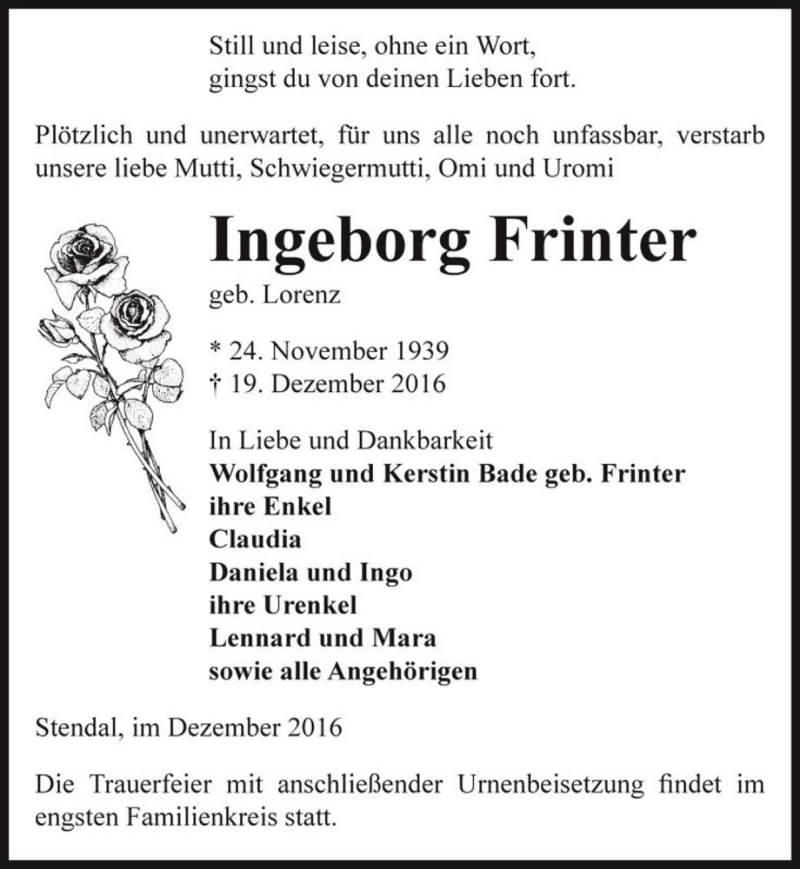  Traueranzeige für Ingeborg Frinter (geb. Lorenz)  vom 23.12.2016 aus Magdeburger Volksstimme