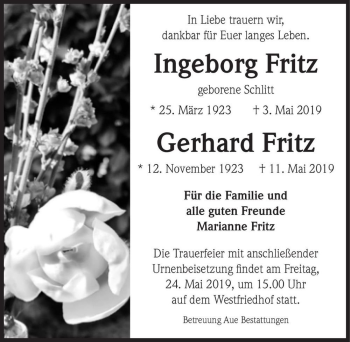 Traueranzeige von Ingeborg Fritz (geb. Schlitt) und Gerhard Fritz  von Magdeburger Volksstimme