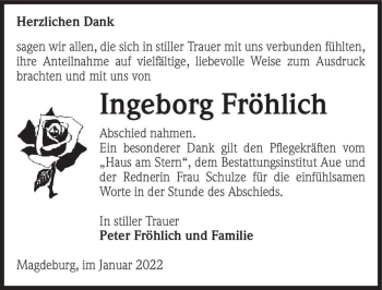 Traueranzeige von Ingeborg Fröhlich  von Magdeburger Volksstimme
