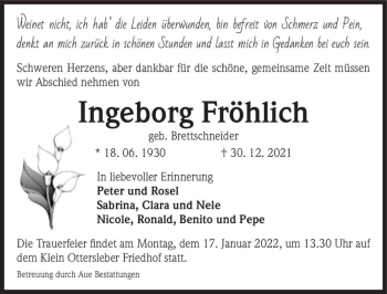 Traueranzeige von Ingeborg Fröhlich (geb. Brettschneider)  von Magdeburger Volksstimme