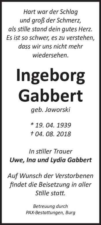 Traueranzeige von Ingeborg Gabbert (geb. Jaworski)  von Magdeburger Volksstimme