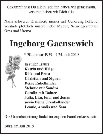 Traueranzeige von Ingeborg Gaensewich  von Magdeburger Volksstimme