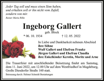 Traueranzeige von Ingeborg Gallert (geb. Block)  von Magdeburger Volksstimme