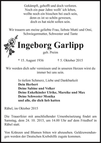Traueranzeige von Ingeborg Garlipp (geb. Preim)  von Magdeburger Volksstimme