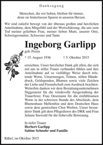 Traueranzeige von Ingeborg Garlipp (geb. Preim)  von Magdeburger Volksstimme