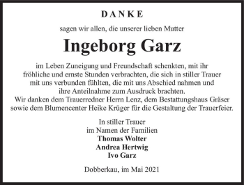 Traueranzeige von Ingeborg Garz  von Magdeburger Volksstimme