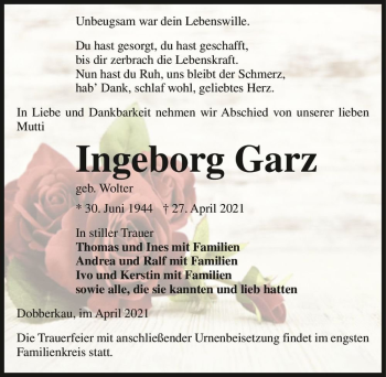 Traueranzeige von Ingeborg Garz (geb. Wolter)  von Magdeburger Volksstimme