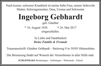Traueranzeige von Ingeborg Gebhardt (geb. Günther)  von Magdeburger Volksstimme