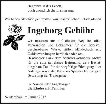 Traueranzeige von Ingeborg Gebühr  von Magdeburger Volksstimme