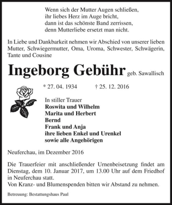 Traueranzeige von Ingeborg Gebühr (geb. Sawallisch)  von Magdeburger Volksstimme