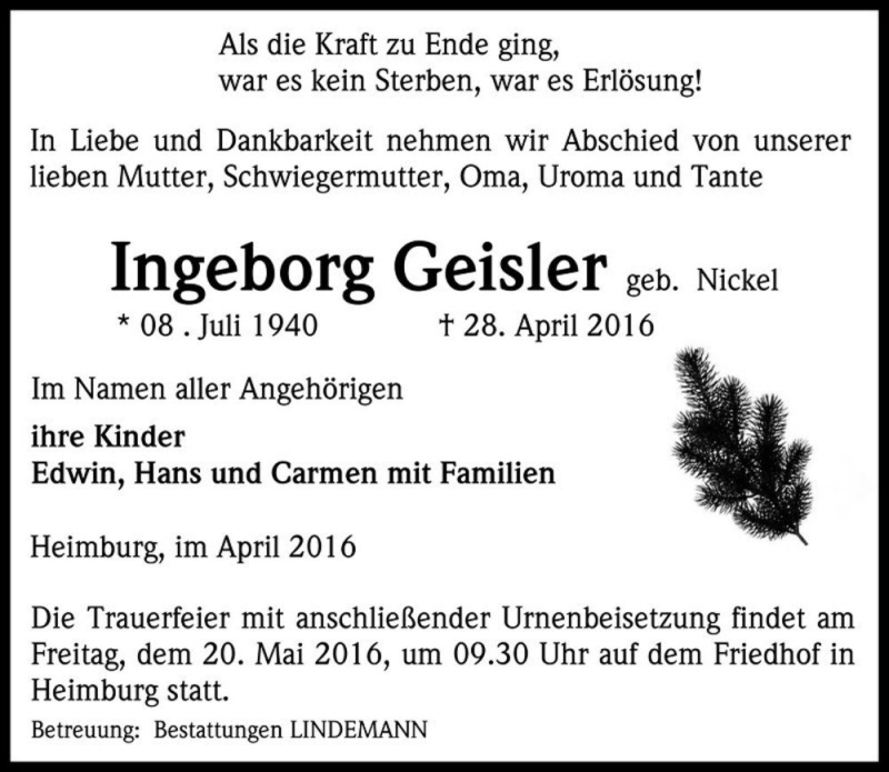  Traueranzeige für Ingeborg Geisler (geb. Nickel)  vom 07.05.2016 aus Magdeburger Volksstimme