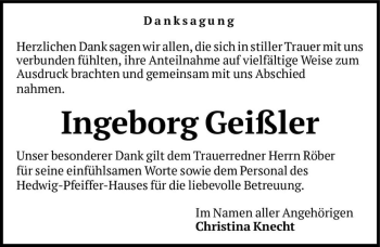 Traueranzeige von Ingeborg Geißler  von Magdeburger Volksstimme