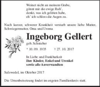 Traueranzeige von Ingeborg Gellert (geb. Schnieber)  von Magdeburger Volksstimme